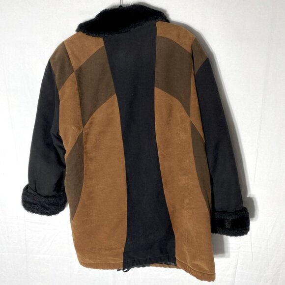 Vintage Luba Brown Black Faux Suede Colour Block Coat W Faux Fur Trim XL - Picture 15 of 16